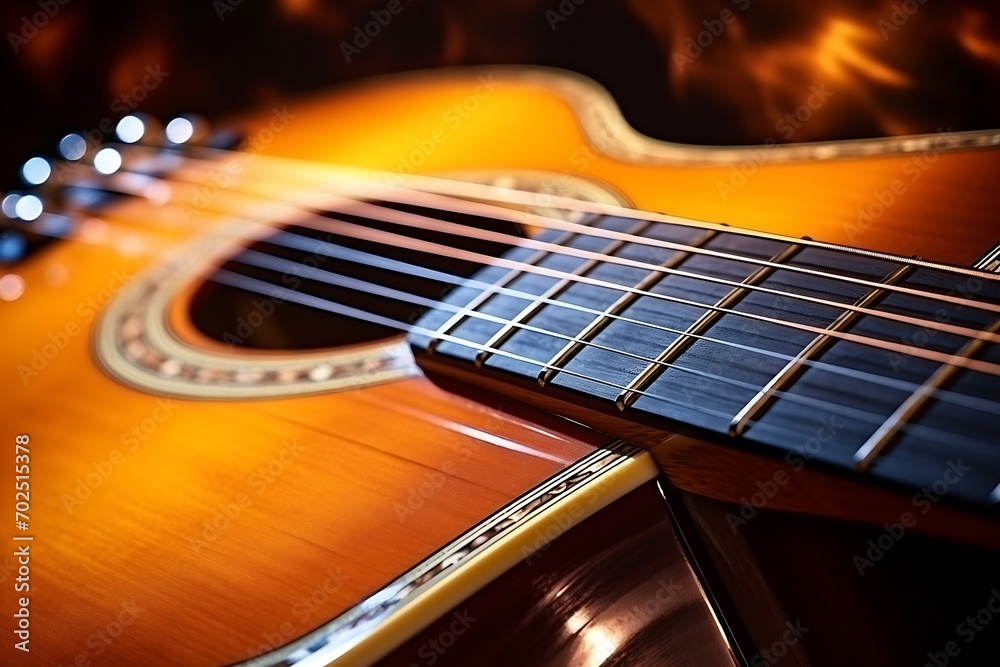 Fototapeta premium Musical instrument acoustic guitar with strings selective focus close-up : Generative AI