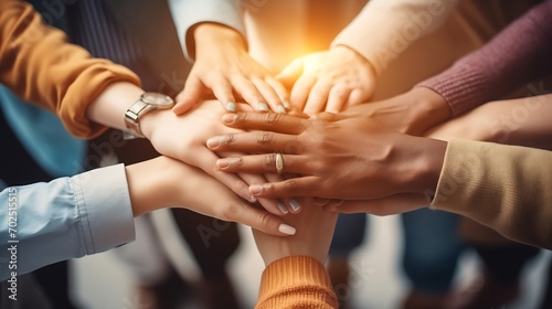 Panoramic Teamwork,empathy,partnership and Social connection in business join hand together concept.Hand of diverse people connecting.Power of volunteer charity work,Stack of people ha : Generative AI photo