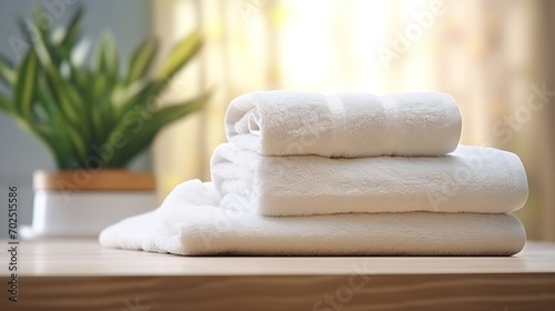 Stack of white towels on table in bathroom : Generative AI