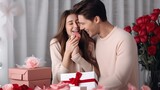 Young couple in love celebrating Saint Valentine's Day or relationship anniversary. Happy woman covering boyfriend's eyes giving him surprise gift. Smiling man getting present from lov : Generative AI