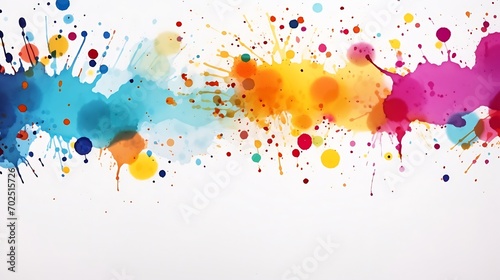Colorful ink splashes. Paint splatters on bright material. Multi color dots. Watercolor on white paper. : Generative AI