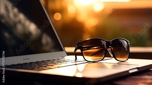 Black sunglasses and an open laptop on a dark surface next to the window in the light of the setting sun. Concept of anonymity on the Internet, cybercrime and hacking. Photo. Selective : Generative AI photo