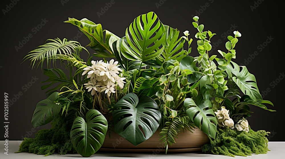 Tropical foliage plant bush (Monstera, palm leaves, and Bird's nest fern) floral arrangement indoors garden nature backdrop isolated on white : Generative AI Tropical foliage plant bush (Monstera, palm leaves, and Bird's nest fern) floral arrangement indoors garden nature backdrop isolated on white : Generative AI