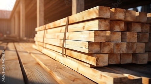 Wooden planks and beams. Air-drying timber stack. Wood air drying. Wood for house construction. Building material. Wood warehouse : Generative AI photo
