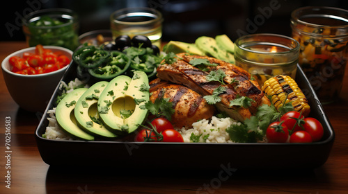 Mexican-Inspired Meal Prep: Featuring Chicken, Rice, Beans, Corn, and Salad, in a Vibrant and Healthy Green Presentation