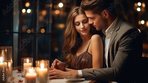 Beautiful loving couple is spending time together in modern restaurant. Attractive young woman in dress and handsome man in suit are having romantic dinner. Celebrating Saint Valentine   Generative AI