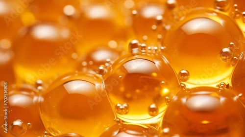 Abstract macro honey bubbles closeup in bright amber color. The texture of the honey. Healthy food concept. Diet. Selective focus. : Generative AI