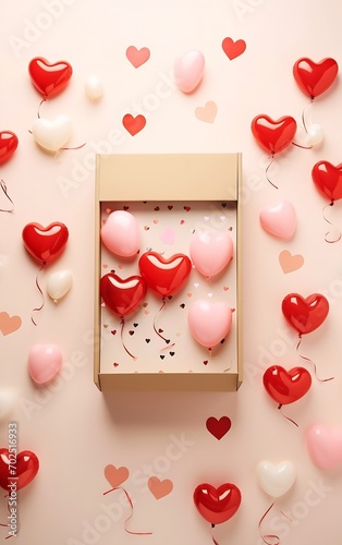 Valentine's Day concept. Top view vertical photo of gift boxes in wrapping with kiss lips pattern heart shaped balloons candies confetti on isolated light beige background with copyspa : Generative AI photo
