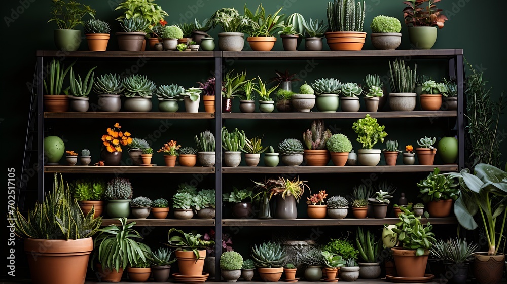 Stylish composition of home garden interior filled a lot of beautiful plants, cacti, succulents, air plant in different design pots. Green wall paneling. Template. Home gardening conce : Generative AI
