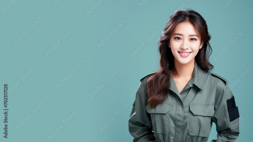 Asian woman in air force uniform smiling isolated on pastel background Asian woman in air force uniform smiling isolated on pastel background