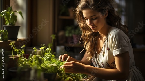 Woman examining potted plant in kitchen at home : Generative AI