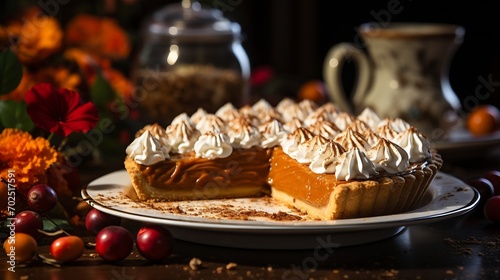 Delicious homemade pie and pumpkins on table, flat lay : Generative AI