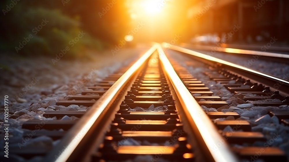 Close up and selective focus photo of railway track or railroad or rel kereta api with morning sunlight. : Generative AI Close up and selective focus photo of railway track or railroad or rel kereta api with morning sunlight. : Generative AI