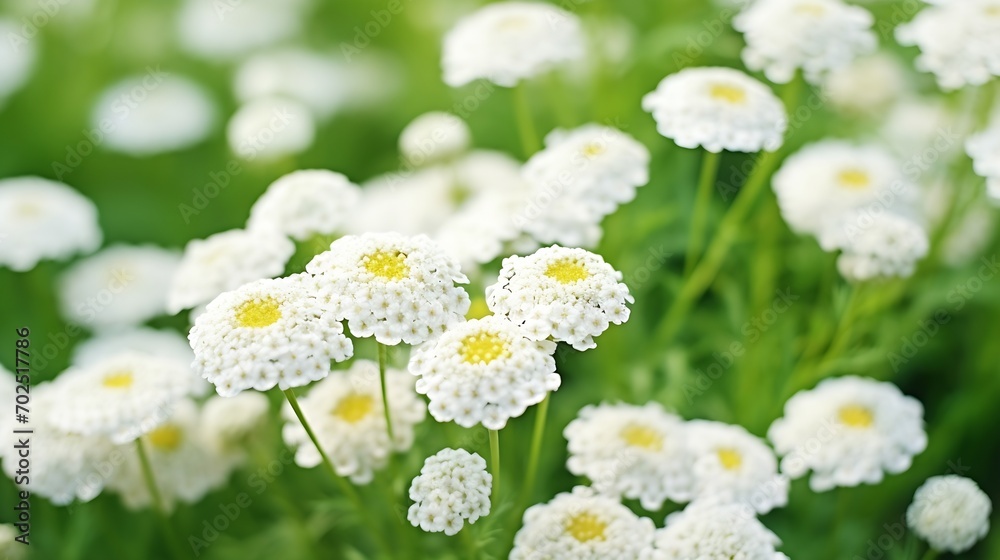 Common yarrow Achillea millefolium white flowers close up top view on green blurred grass floral background, selective focus. Medicinal wild herb Yarrow. Medical plants concept. : Generative AI Common yarrow Achillea millefolium white flowers close up top view on green blurred grass floral background, selective focus. Medicinal wild herb Yarrow. Medical plants concept. : Generative AI