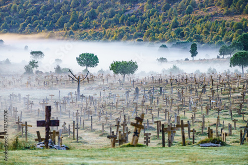 Haze in morning over Sad Hill Cemetery in Burgos, Spain