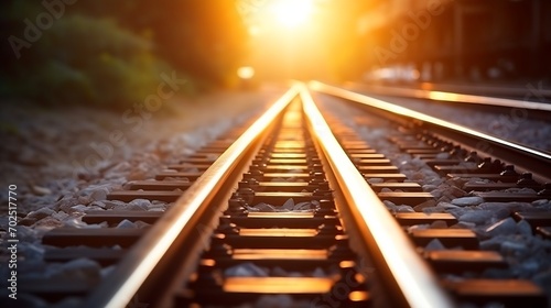 Close up and selective focus photo of railway track or railroad or rel kereta api with morning sunlight. : Generative AI