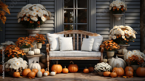 Festive Front Porch: Halloween Pumpkins (Jack O' Lanterns), Flowers, and Chairs Adorning the Exterior Home Decor, Creating a Charming Seasonal Display in Gray and White