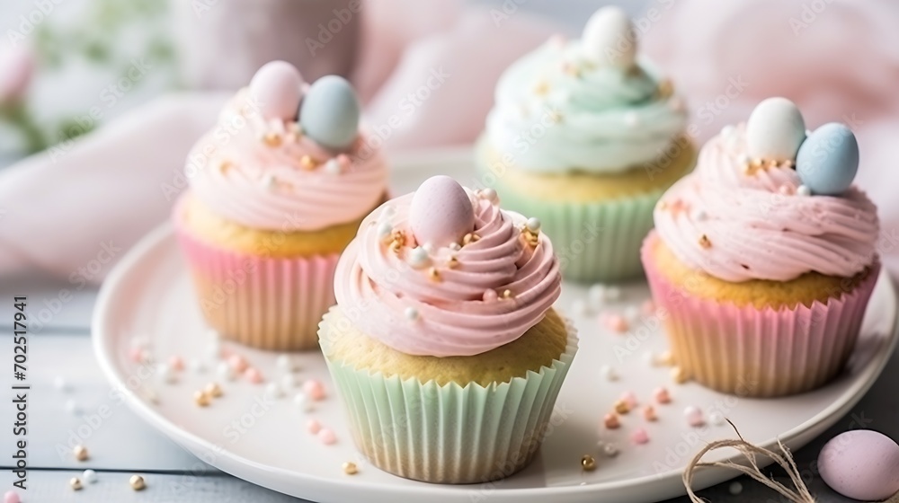 Decorated Cupcakes for Easter celebrations, pastel colors and shallow focus. : Generative AI