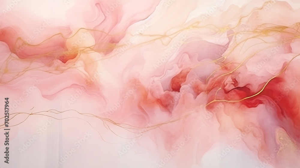 Natural luxury abstract fluid art painting in alcohol ink technique. Tender and dreamy wallpaper. Mixture of colors creating transparent waves and golden swirls. For posters, other pri : Generative AI