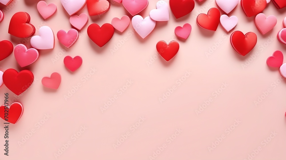 Valentines day flat lay. Stylish pink and red hearts composition on pink paper background. Happy Valentine's day! Modern cute valentine hearts cutouts. Creative love background : Generative AI
