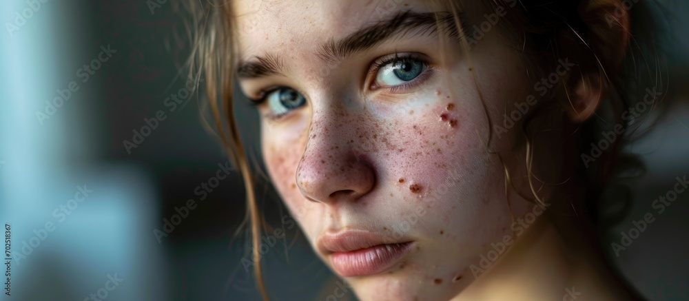 Adolescent female experiencing acne - obrazy, fototapety, plakaty 