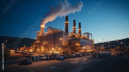 Gas turbine electrical power plant with in Twilight power for factory energy concept. : Generative AI