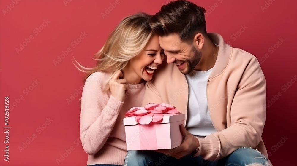 Young couple in love celebrating Saint Valentine's Day or relationship anniversary. Happy woman covering boyfriend's eyes giving him surprise gift. Smiling man getting present from lov : Generative AI Young couple in love celebrating Saint Valentine's Day or relationship anniversary. Happy woman covering boyfriend's eyes giving him surprise gift. Smiling man getting present from lov : Generative AI
