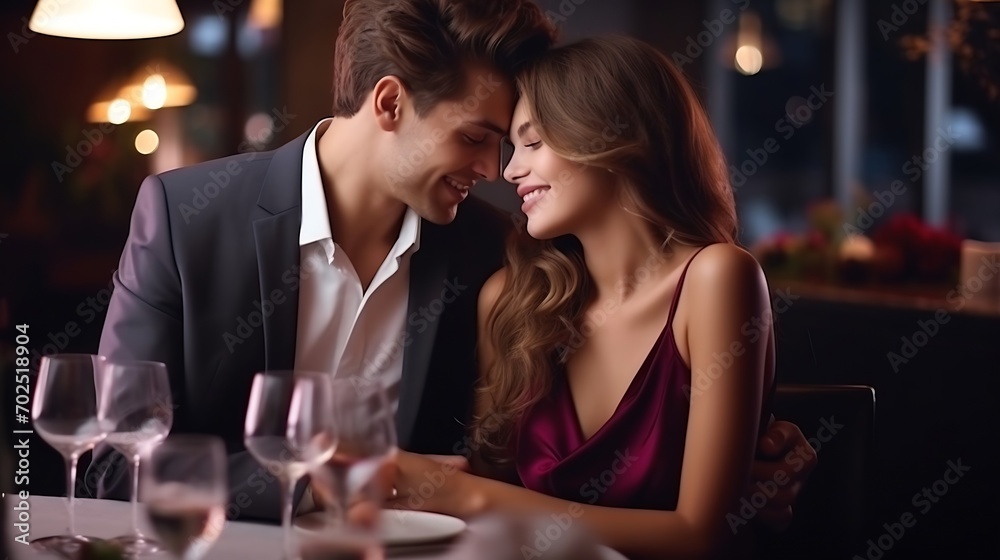 Beautiful loving couple is spending time together in modern restaurant. Attractive young woman in dress and handsome man in suit are having romantic dinner. Celebrating Saint Valentine : Generative AI