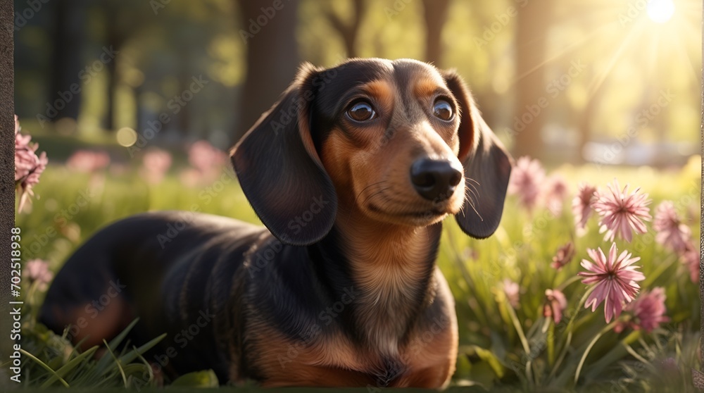a dachshund dog in an spring park