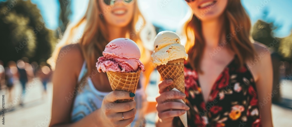 Two females holding ice cream cones in summer.