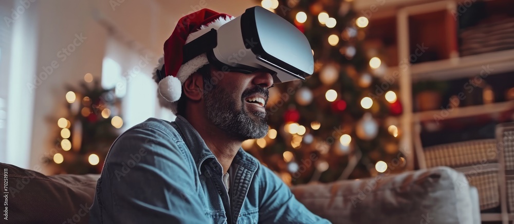 Muslim man in Santa hat unboxing VR Glasses on webcam, recording tech blog video at home for product review. - obrazy, fototapety, plakaty 