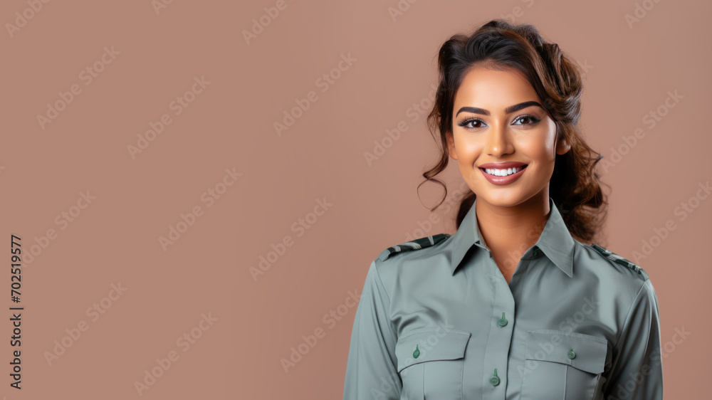 Indian woman in pilot uniform smiling isolated on pastel background Indian woman in pilot uniform smiling isolated on pastel background