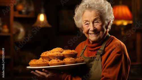 Grandmother Holding a Pumpkin Pie, Celebrating the Warmth of Fall and the Thanksgiving Holiday