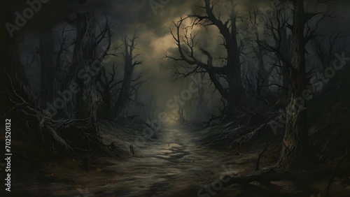 A desolate forest path bordered by twisted spindly trees a cloudy sky above full of nocturnal creatures and a faint howling in the distance. photo