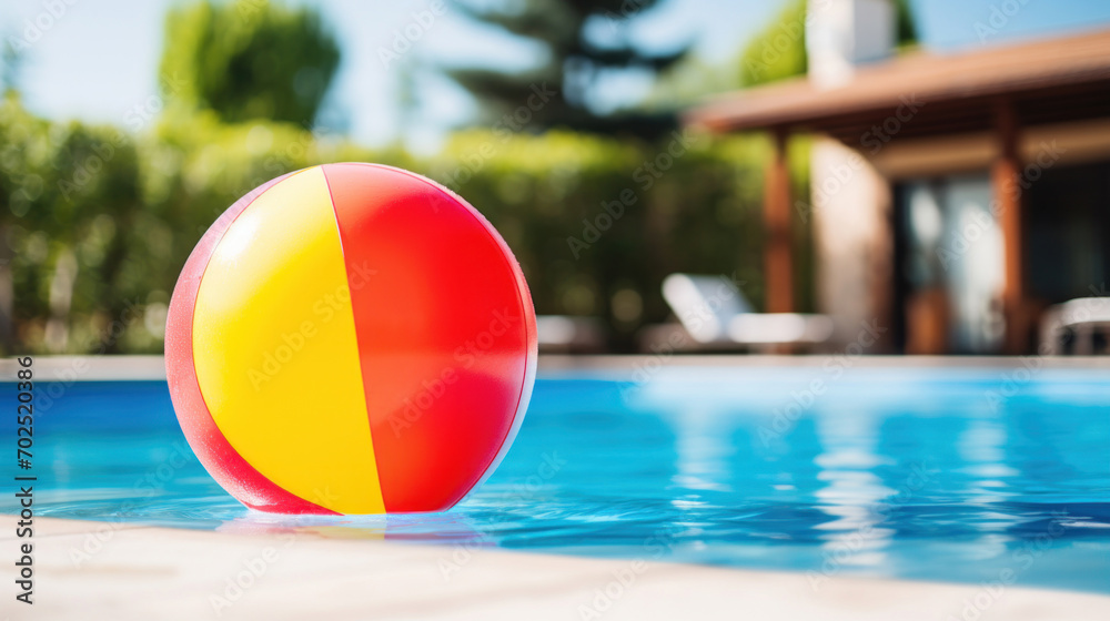 A vibrant red and yellow beach ball by the side of a sparkling pool, evoking fun summer vibes and vacation relaxation.