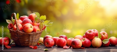 Red Apples in a Basket on a Table, Basking in the Sunlit Green Orchard - Celebrating the Essence of Harvest. Made with Generative AI Technology