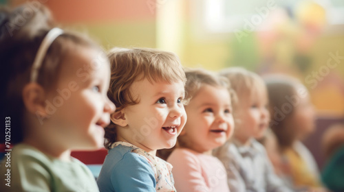 A row of delighted toddlers smiling and focusing intently during an entertaining puppet show performance. photo
