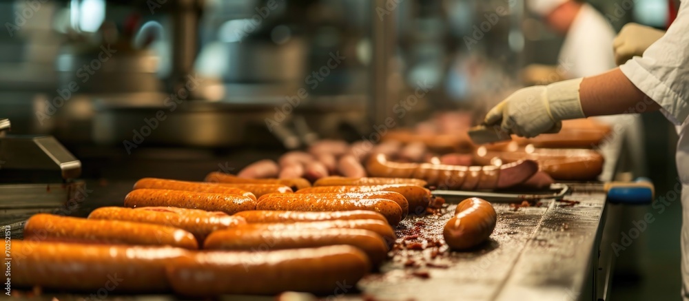 German bratwurst makers in a meat plant German bratwurst makers in a meat plant