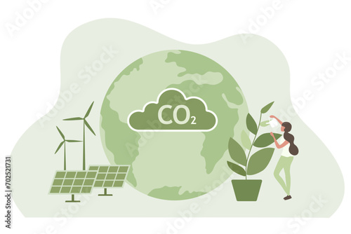 CO2 carbon emissions reduction concept. Green energy, ecology environmental with solar panel, wind turbines,  EV car  vector illustration