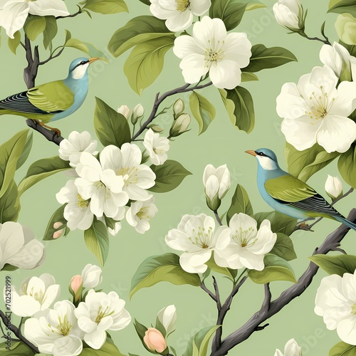 lime green Chinoiserie seamless background with flowers and bird