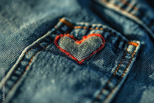 A faded denim background with a pocket in the shape of a heart, a casual and cool setting for laid-back love affirmations copy-space