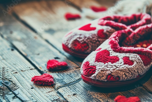 A pair of cozy slippers with heart designs, a simple comfort and a gesture of care on Valentine's Day copy-space photo