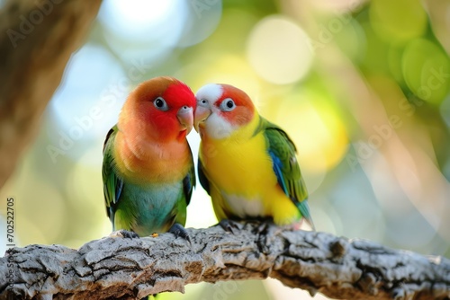 A pair of lovebirds perched together, a natural and endearing image of companionship copy-space photo