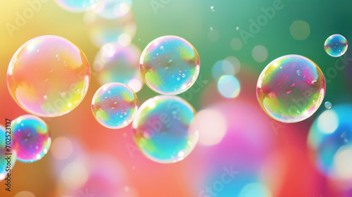 Close-up of colorful soap bubbles with rainbow reflections, creating a whimsical and joyful abstract pattern against a bright background.