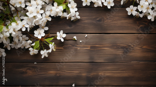 White cherry blossoms spread across a dark wooden background, a striking natural composition that speaks of renewal and life.