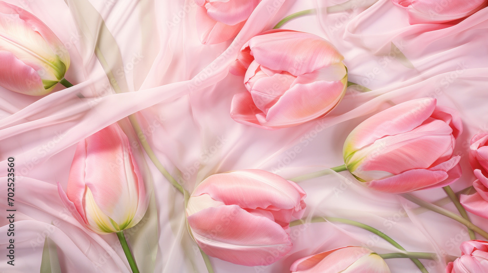 Soft pink tulips gently resting on flowing silk fabric, creating an elegant and romantic floral composition.