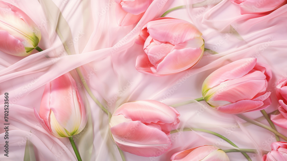 Soft pink tulips gently resting on flowing silk fabric, creating an elegant and romantic floral composition. Soft pink tulips gently resting on flowing silk fabric, creating an elegant and romantic floral composition.