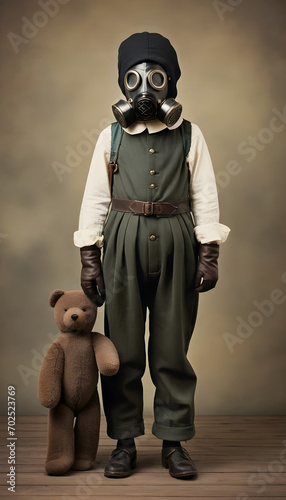 vintage photo of creepy kid wearing gas mask, teddy bear - Generative AI