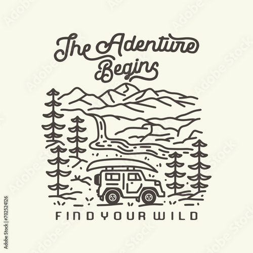 adventure graphic landscape design mountain illustration kayaking vintage waterfall logo car mono line forest badge lake