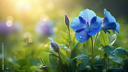 Dewy blue flowers bask in the warm glow of morning light, creating a serene and refreshing scene. © tashechka